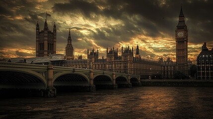Dramatic sunset over London's Houses of Parliament.