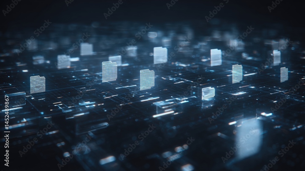 Poster abstract network grid with files and folders, futuristic software interface, digital document manage