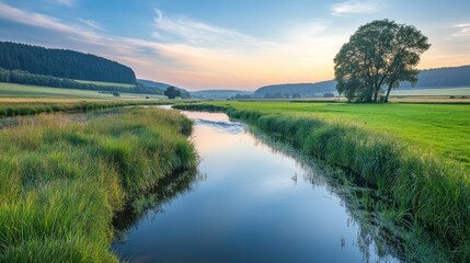 Serene Sunset River Landscape: A Peaceful Evening by the Water