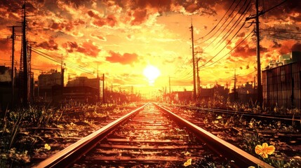 Fototapeta premium Sunrise over deserted train tracks in a post-apocalyptic cityscape