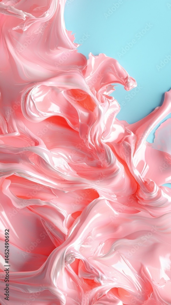 Poster delicate swirls of pink cream flow smoothly across a light blue background. the soft, glossy texture