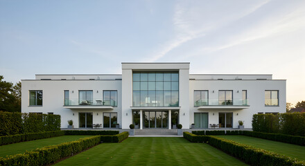 Fototapeta premium Elegant White Modern Villa With Expansive Lawn and Contemporary Architecture