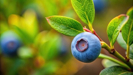 Close-up image of a single blueberry with delicate leaves and twigs, highlighting the intricate details of the fruit and its natural surroundings , blueberry close-up, nature