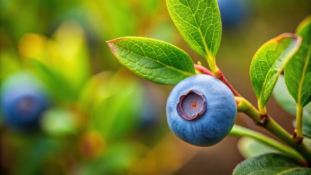 Close-up image of a single blueberry with delicate leaves and twigs, highlighting the intricate details of the fruit and its natural surroundings , blueberry close-up, nature