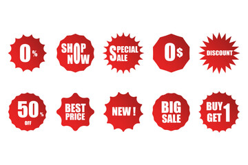 Collection set of red starburst shape tag sticker for special sale discount by illustration and EPS file.