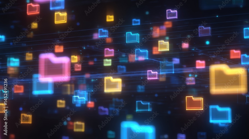 Poster abstract network grid with files and folders, futuristic software interface, digital document manage