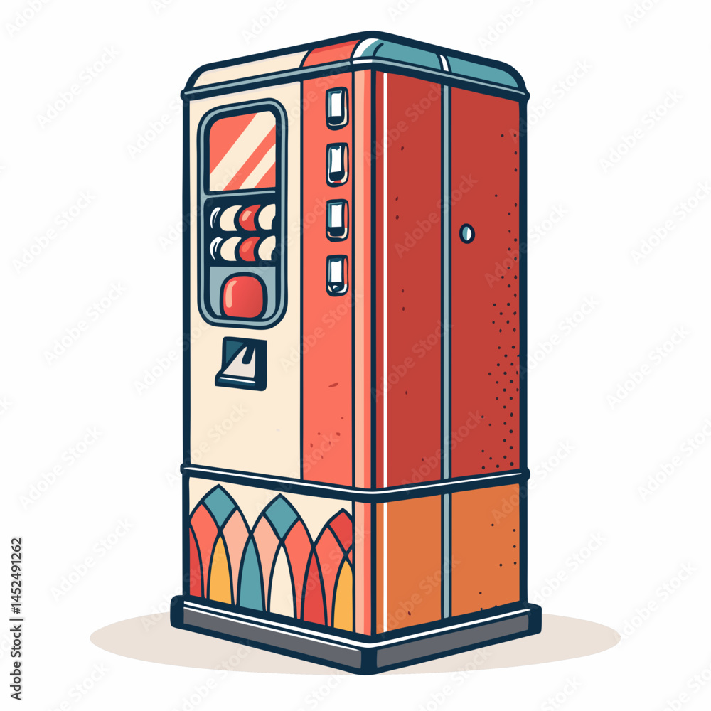 Poster create a bold, vector illustration of a retro soda vending machine with strong outlines and vibrant 