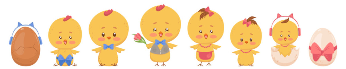 Selection of yellow birds of different gender and ages. Stages of growing up of hen and rooster from egg to mom and dad. Vector chickens, eggs, boys, girls, babies, teenagers. Cute stylized characters