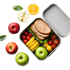 Healthy lunch box with sandwich, apples, tomatoes, and orange on black background.