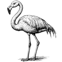 Black sketch flamingo, wood block print style, vintage vector, old engraving, trendy bird art, tropical animal print, bohemian home decor, rustic flamingo illustration