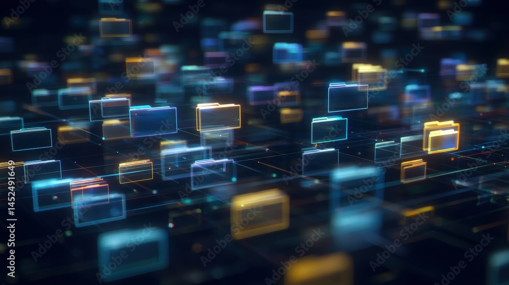 Poster abstract network grid with files and folders, futuristic software interface, digital document manage