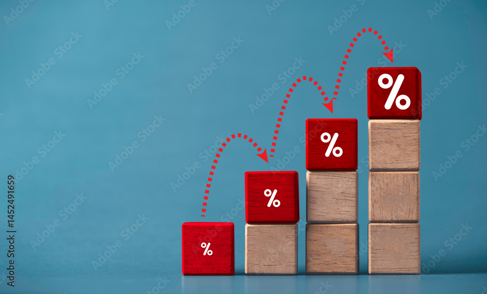 Poster increasing of percentage red wooden block cube with arrow jump up for high interest of financial and