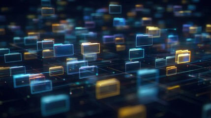 Obraz premium Abstract network grid with files and folders, futuristic software interface, digital document management system, store, search and organize documents, corporate business, paperless office, 