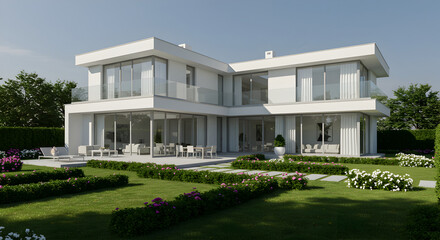Fototapeta premium Modern Residence Showcase Of Architectural Design With Beautiful Lawn
