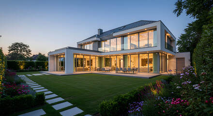 Fototapeta premium Exclusive Modern Residence With Landscaped Garden At Twilight Time