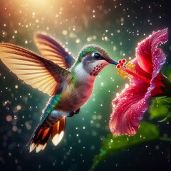 Fototapeta premium Hummingbird Hover A hummingbird sips nectar from a hibiscus wing