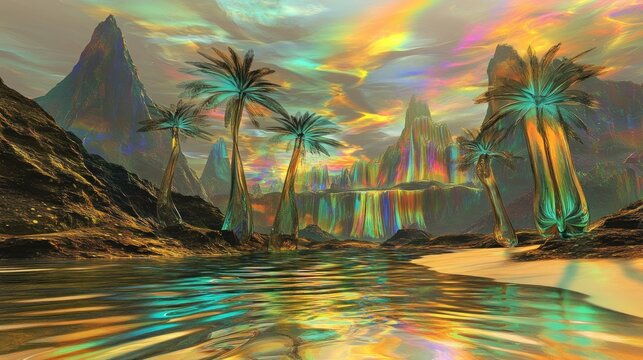 Vibrant, surreal landscape with palm trees, iridescent mountains, and a flowing river