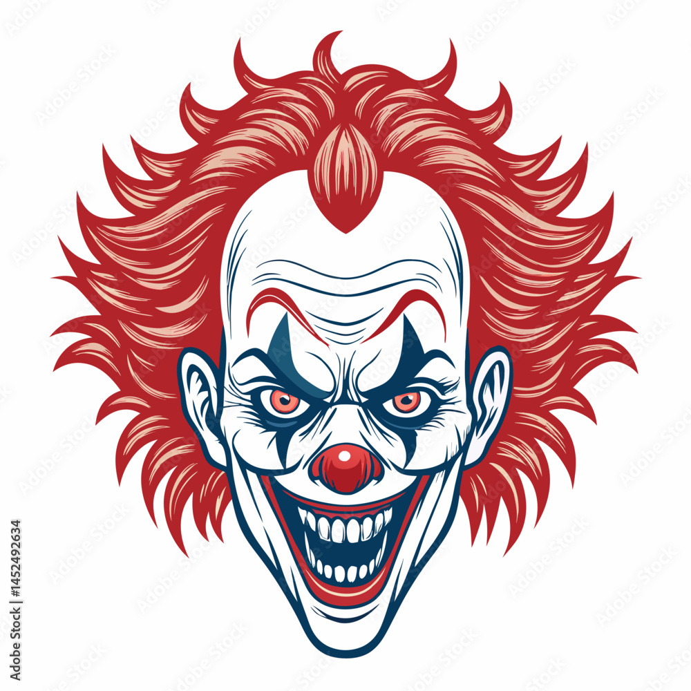 Poster create a vector illustration of a menacing clown face with bold black strokes. focus on exaggerated 