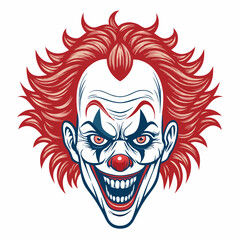 Create a vector illustration of a menacing clown face with bold black strokes.  Focus on exaggerated features for a frightening effect.