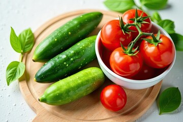 A vibrant still life featuring three cucumbers and a bowl of ripe red tomatoes on a wooden board, surrounded by fresh green leaves.