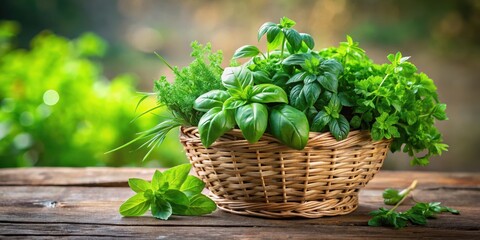 Naklejka premium Fresh basil leaves in a natural woven basket with other herb varieties such as parsley and thyme , vegetables, basil