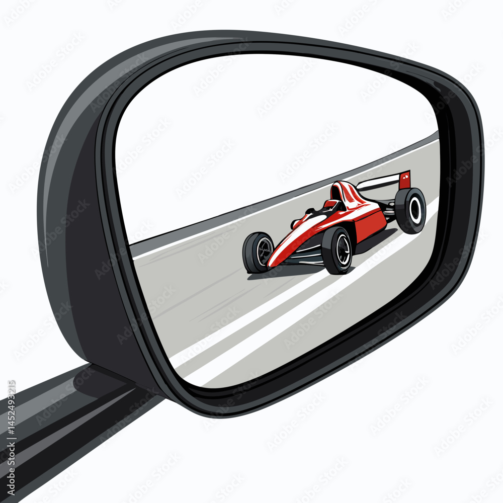 Poster create a bold, vector illustration of a car's side mirror with a reflective surface, emphasizing str