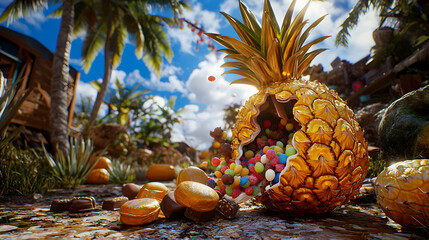 Golden pineapple overflowing with colorful candies on a tropical paradise scene