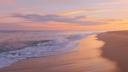 Fototapeta premium Serene Sunset: Ocean Waves Gently Crashing on Sandy Shore, Painting a Breathtaking Coastal Landscape at Dusk with Vivid Hues of Orange and Pink. Tranquil Beach Scene Evokes a Peaceful State of Mind.