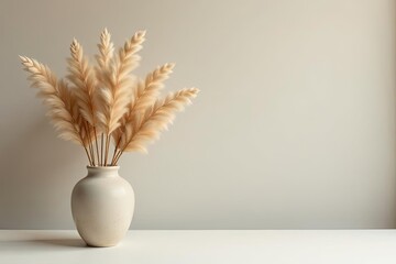Creamy Beige Pampas Grass in a Simple Ceramic Vase on a White Surface Against a Neutral Background