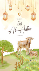 Vertical Banner of Eid Al-Adha with Cows in Grassfield Watercolor Background