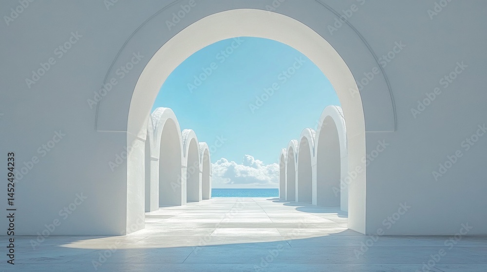 Poster bright archways create a tranquil passageway leading to the ocean, framed by a clear blue sky with f