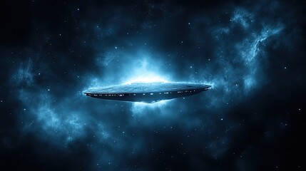 Obraz premium UFO hovers, glowing amidst the cosmic nebula's dark, stellar hues. Illuminated with blue light
