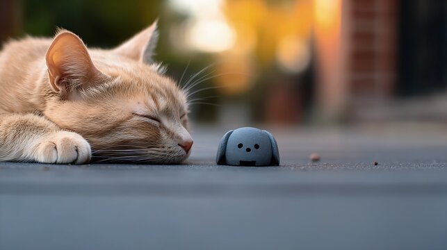 Orange Tabby Cat Napping Beside Small Dog Toy Outdoors at Sunset