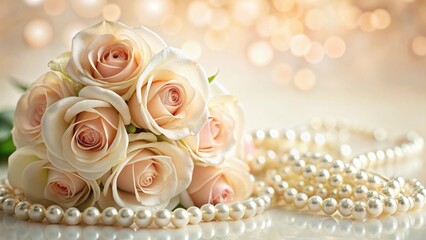 Obraz premium Exquisite rose bouquet with delicate pearls scattered across a soft, cream-colored background, creating a romantic and luxurious atmosphere, refined, soothing colors
