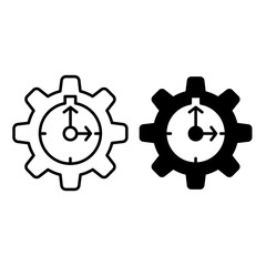 gear icon vector with clock hands in the center line art style and bold style on white background