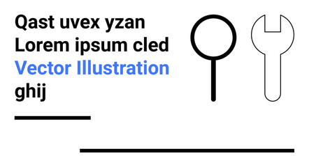 Abstract design with magnifying glass, wrench, and placeholder text in black and blue. Ideal for technology, mechanics, research, tools, typography concepts, education and simple landing page
