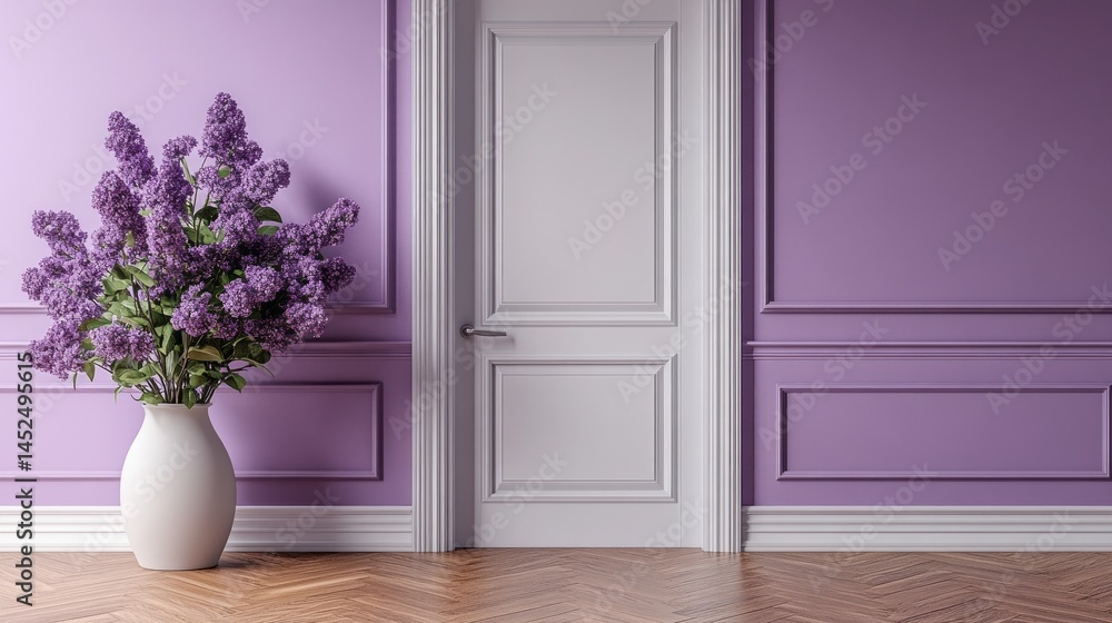 Poster a stylish room features light purple walls and an elegant door. a large bouquet of fresh lilacs in a