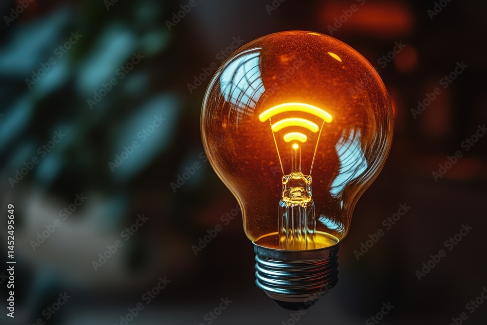 Aufkleber light bulb displaying wireless signal symbol with glowing orange hue in dark setting