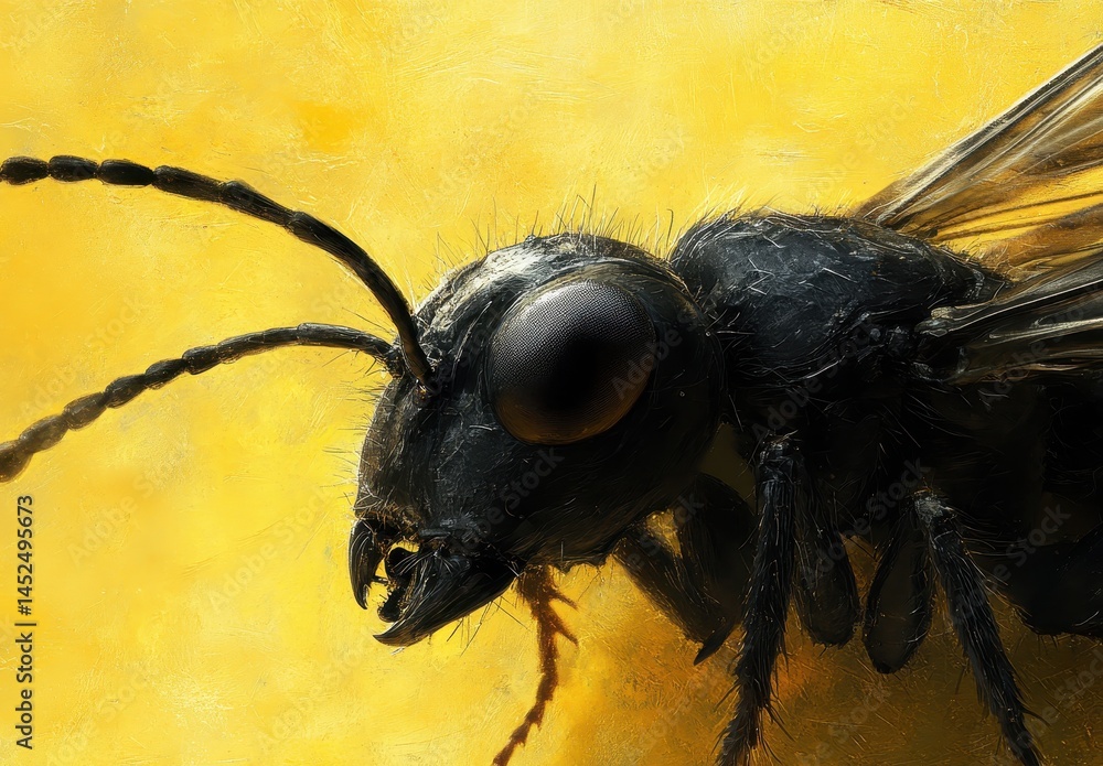 Poster detailed close-up of a black insect on a yellow background showcasing intricate features and texture