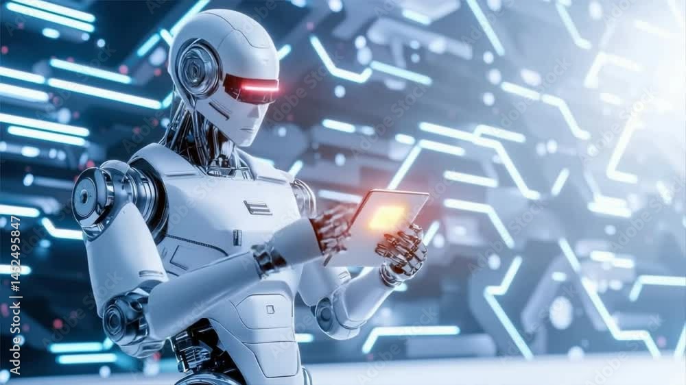 Poster futuristic robot interacting with a tablet, showcasing advanced technology in a digital environment.