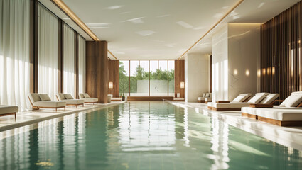Luxurious indoor swimming pool with modern architecture and relaxing lounge chairs.
