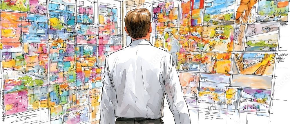 Poster creative entrepreneur exploring digital interfaces in a modern workspace environment innovative conc