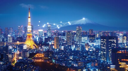 Obraz premium Illuminated cityscape at night with futuristic network connections.