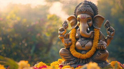 Fototapeta premium Lord Ganesha riding a mouse with a flower garland.