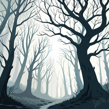 Create a bold, vector illustration of a spooky forest scene with dark, thick outlines, emphasizing texture and depth.  Include gnarled trees, fog, and a mysterious atmosphere.