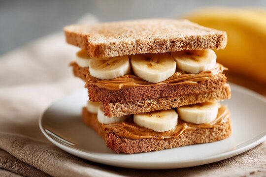 A stack of whole grain bread layered with creamy peanut butter and fresh banana slices rests on a white plate. A ripe banana is also visible in the background, enhancing the appealing presentation