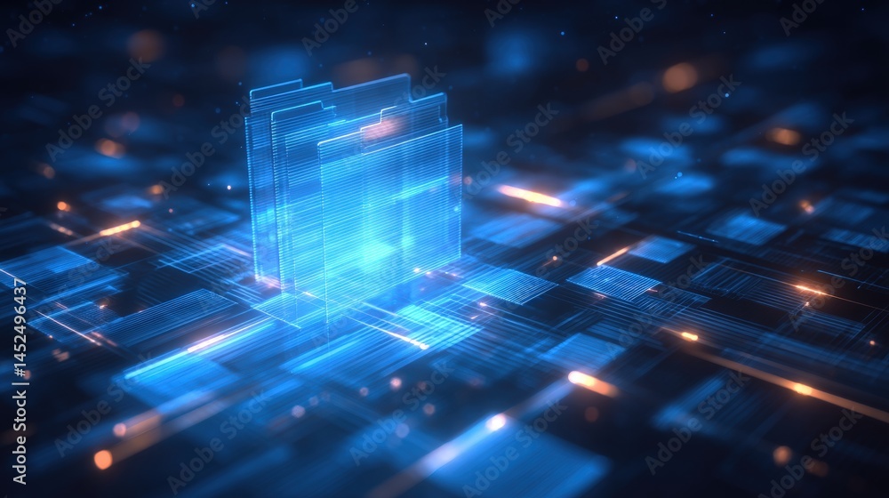 Poster abstract network grid with files and folders, futuristic software interface, digital document manage