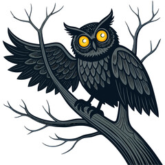 Create a bold vector illustration of a spooky owl perched on a tree branch, with thick black outlines and a dark, mysterious color palette.