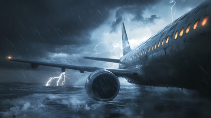 17. A plane attempting to land during a dangerous storm, lightning striking in the distance (1)