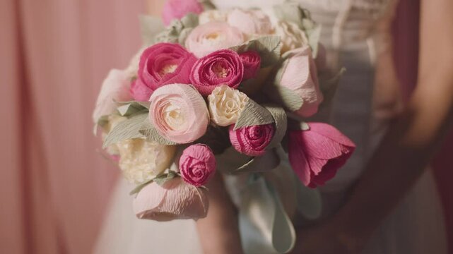 Close-up of a wedding bouquet in the hands of a bride.